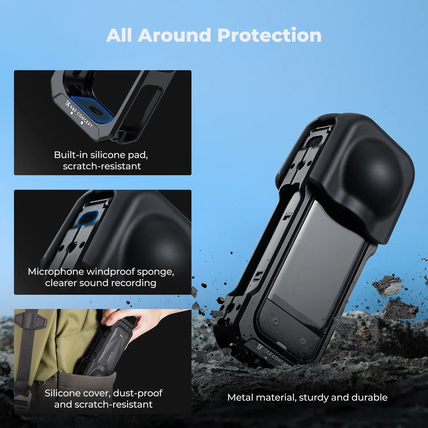 

K&F CONCEPT Алюминиевая клетка для камеры для Insta360 X5 Корпус с ручкой быстросъёма холодными башмаками резьбой 1/4" и силиконовым колпачком на объектив