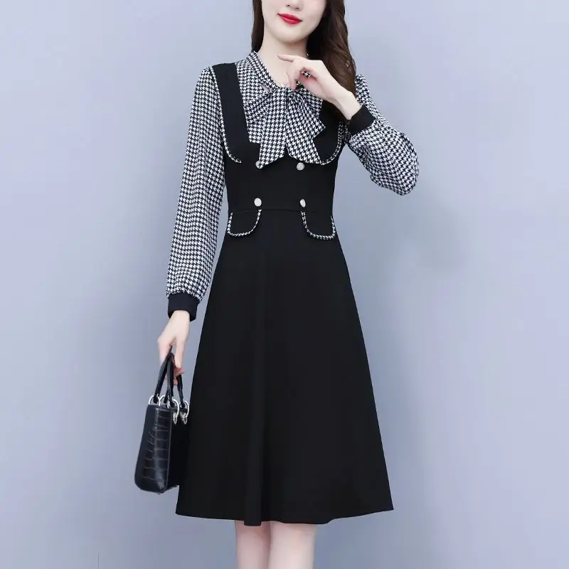 

Spring Autumn New Plaid Patchwork Fashion Long Sleeve Midi Dress Women Fake Two Pieces High Street Bow Elegant Ladies Dresses