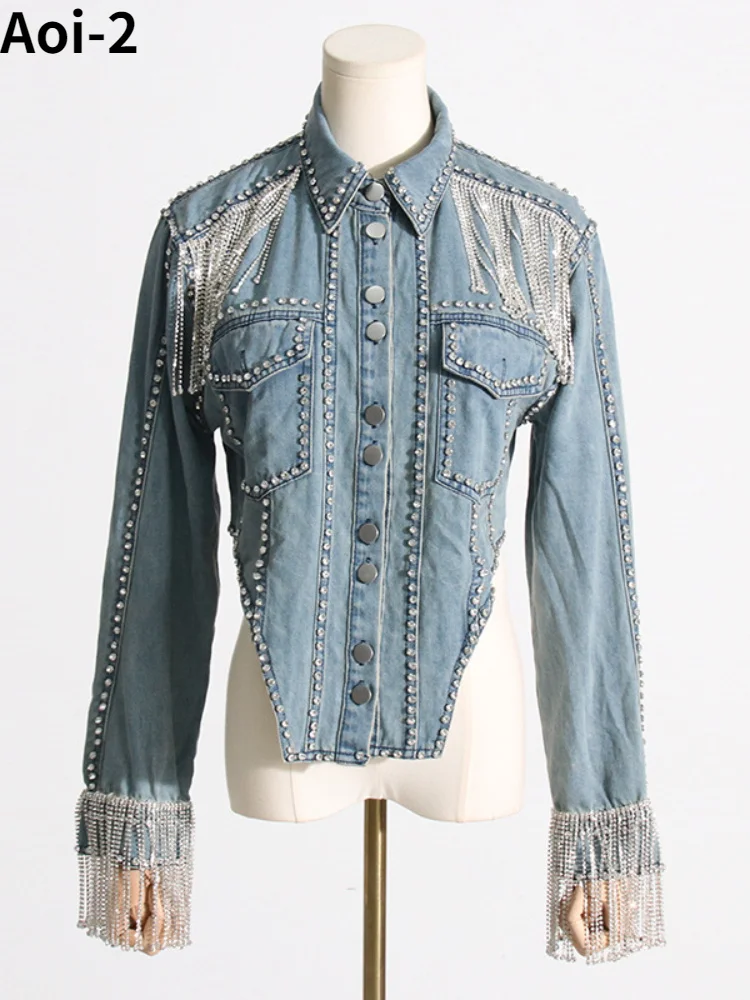 Vintage Street Denim Coat Women's 2023 Autumn New Lapel Luxury Diamonds Tassel Design European American Fashion Shirt