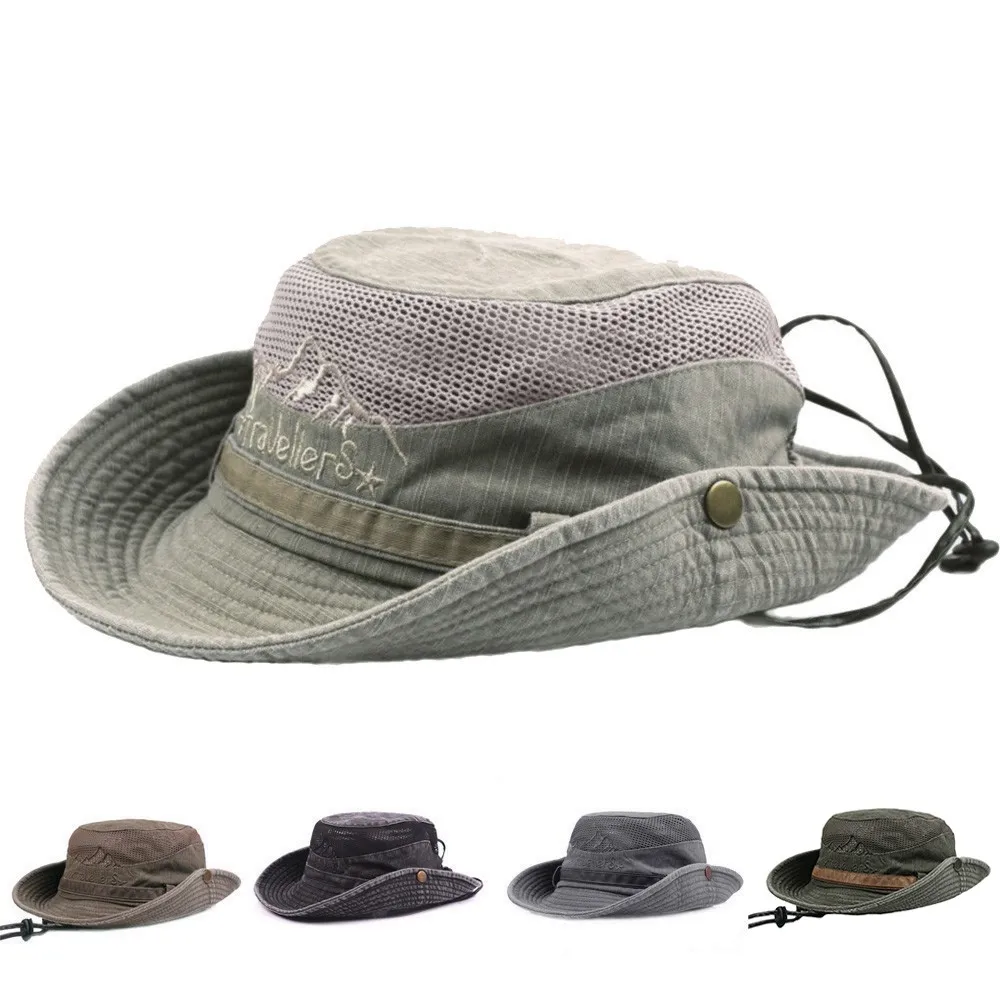 Mesh Spliced Solid Color Outdoor Big Brim Edge Bucket Fisherman Hat For Man Muti-function Breathable And Fashion Climbing Sunhat