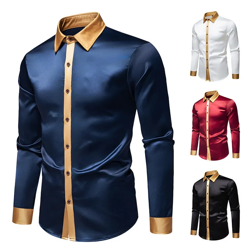 

Spring Autumn New Fashion Men's Casual Trendy Satin Silk Skinny Shirt Plus Size Color-coded Long Sleeve Slim Elegant Shirt Male