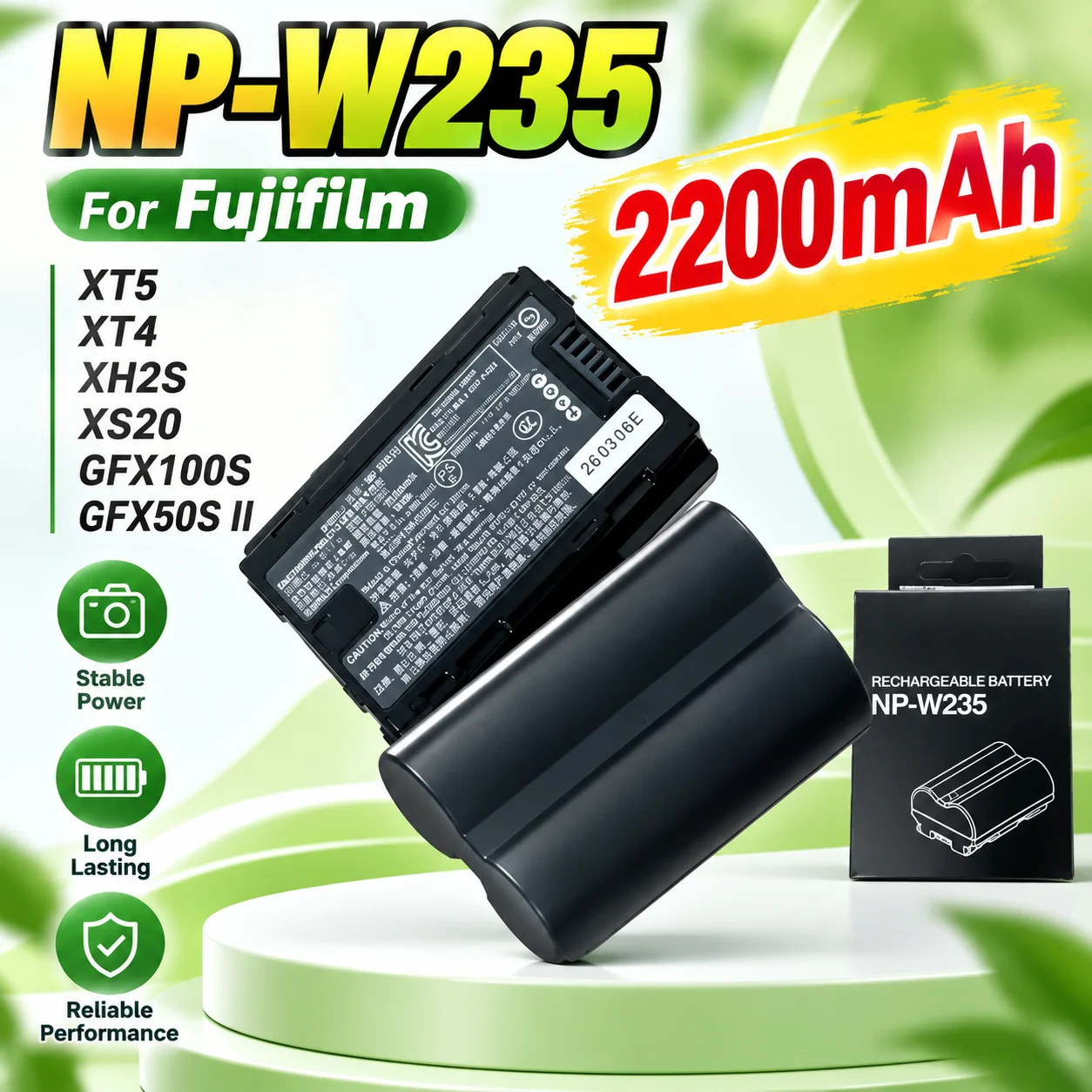 NP-W235 2200mAh Rechargeable Lithium Battery Replacement for Fujifilm XT5 XT4 XH2S XS20 GFX100S GFX50S II Digital Cameras