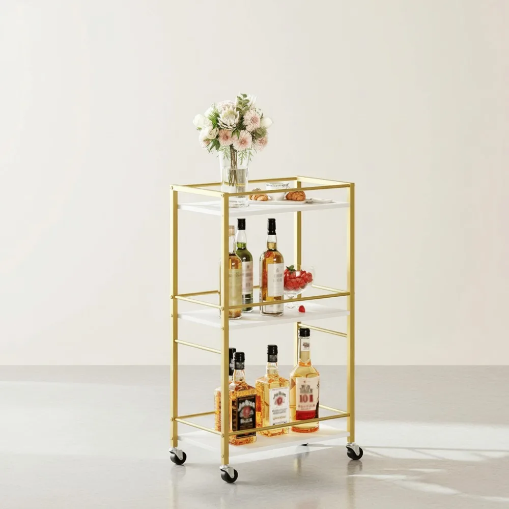 

3-Tier Rolling Bar Cart with Wheels, Gold Kitchen Serving Cart for Small Spaces, Home Bar Organizer