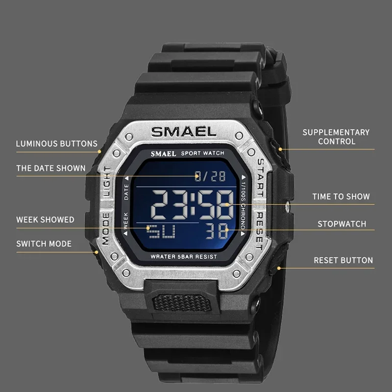 SMAEL Digital Brand LED Clock Waterproof Auto Date Military Army Green Square Wristwatches Men Watch Digital Sport Watches 8059