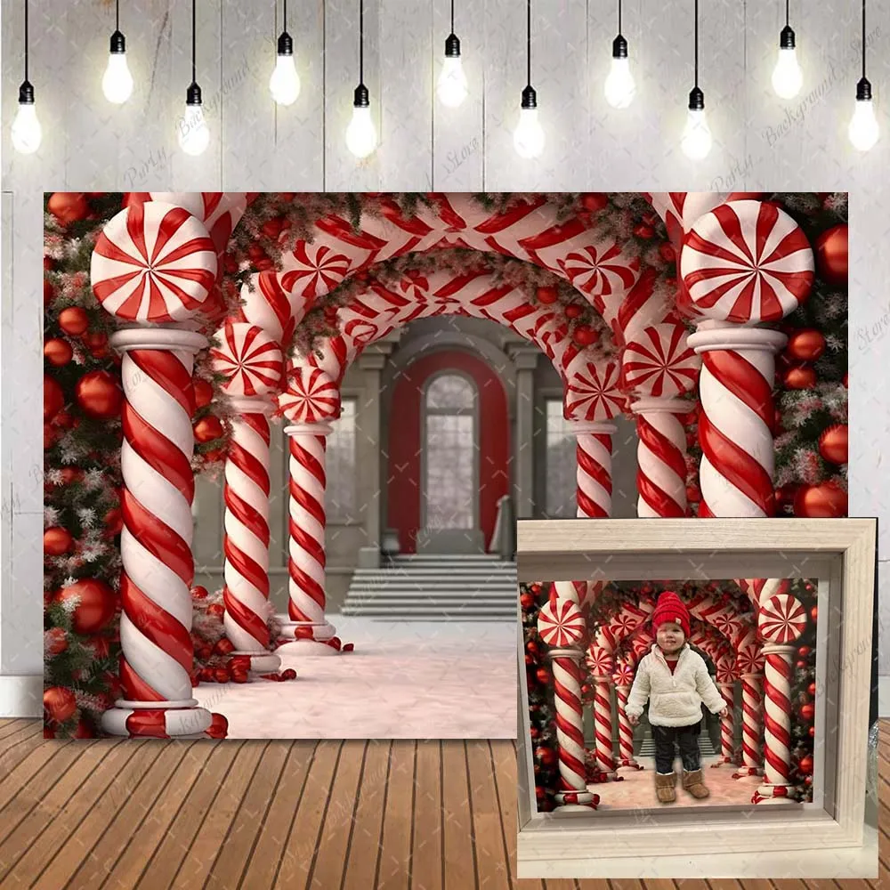 Fondo de puerta roja de Navidad para fotografía de retrato de niños, telón de fondo de caramelo de piruleta para pancarta de fotomatón de niño dulce