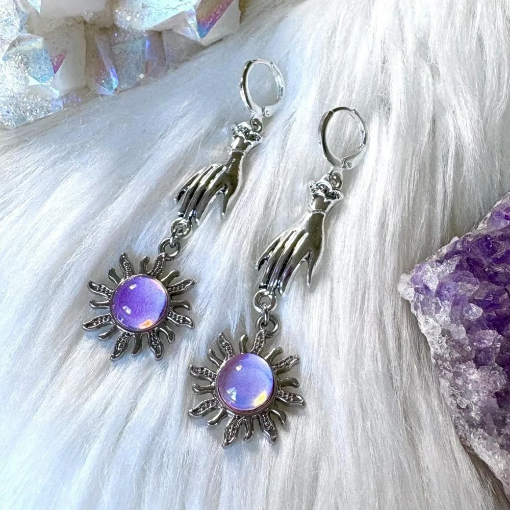 Bohemia Purple Crystal Sun Sliver Color Stainless Steel Tarot Hand Dangle Earrings for Women Halloween Party Wizard Jewelry Gift