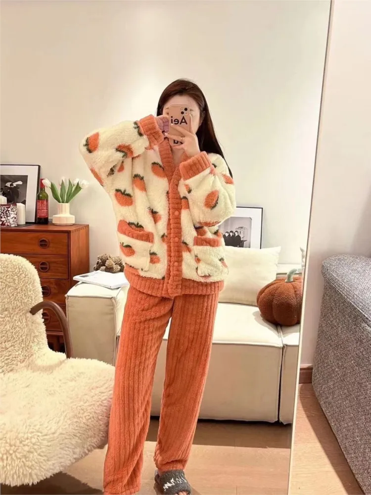 

Woman's Fruit Print Pajamas Two-piece Set Fashion V-neck Single-row Buckle Top Pant Nighty Suit Autumn Winter Lady Warm Homewear
