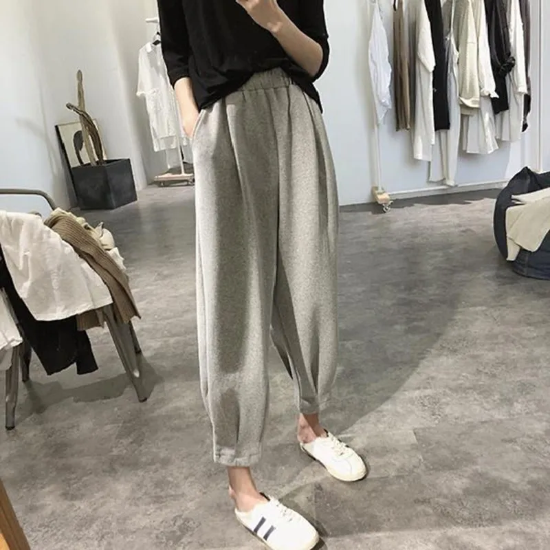 Spring Autumn New Fashion Women Elastic Waist Loose Ankle-length Pants All-matched Casual Solid Cotton Gray Harem Pants P74