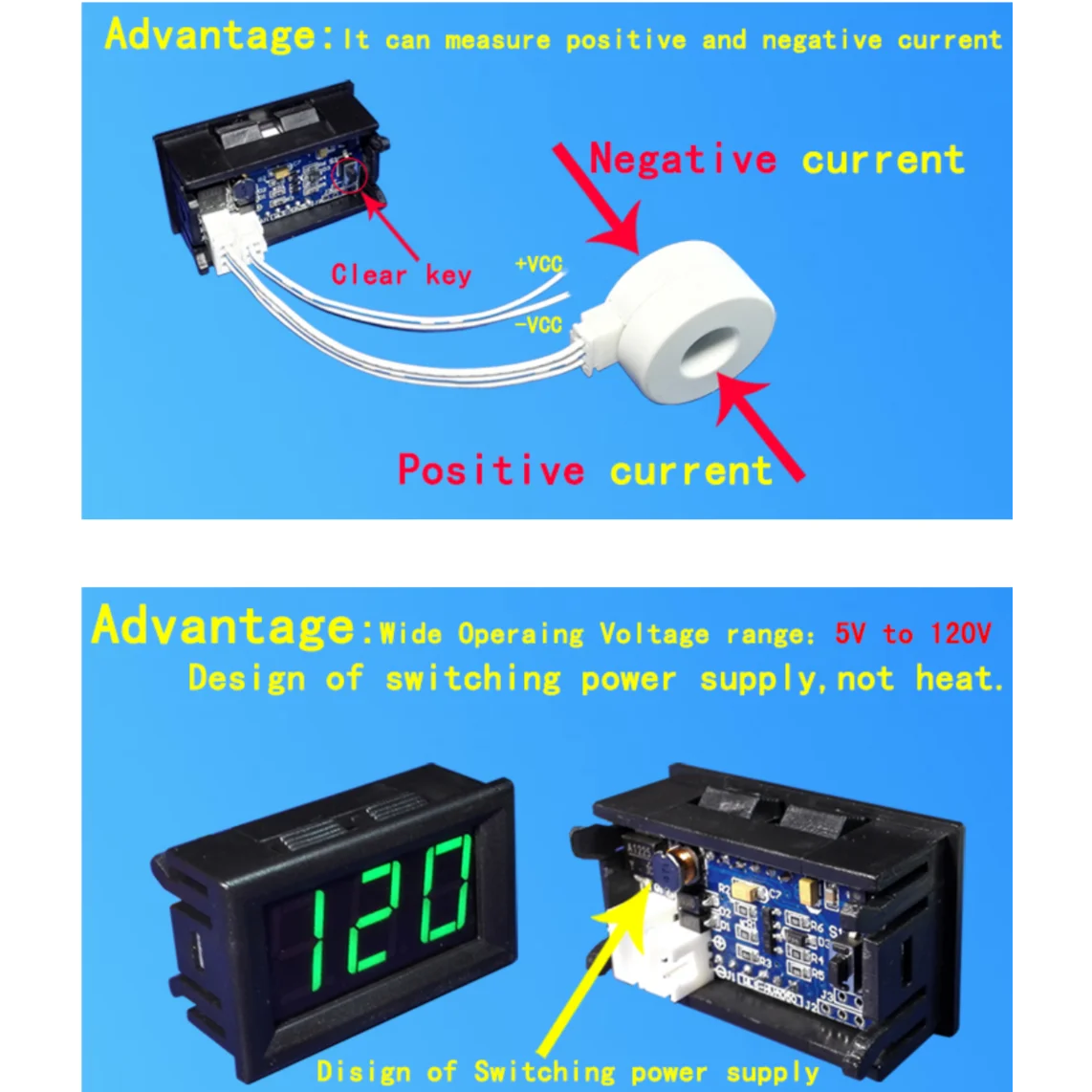 100A 400A Digital Hall Ammeter Voltmeter Battery Charge Discharger Isolated Voltage Current LED meter DC 12V 24V 48V 60V 72V CAR