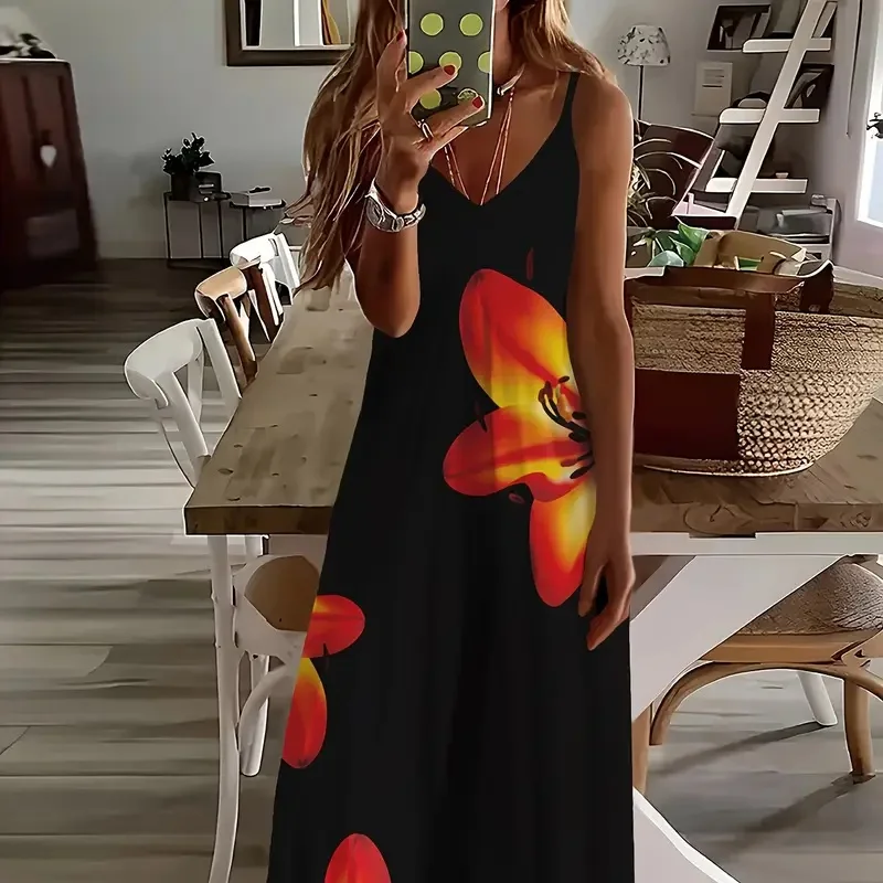 

2025 women's summer dress, casual V-neck sleeveless Bohemian style, slim belt 3D pattern, long dress