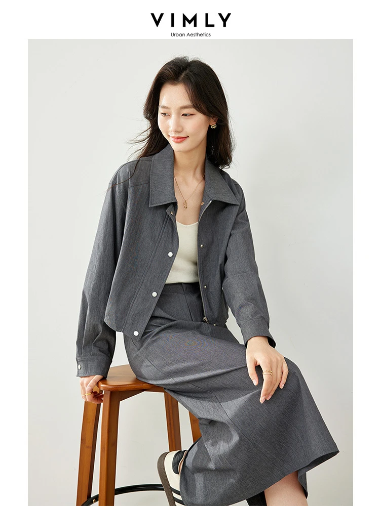 Vimly Tracksuit Women Two Piece Set Lapel Cropped Jacket Split Midi Skirt 2024 Spring Fashion Casual New in Matching Sets M5111