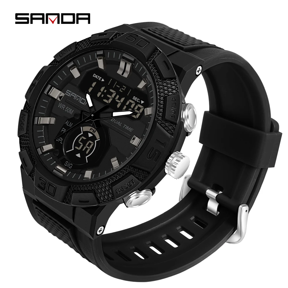 Sanda 3087 Top  Brand Men Digital Watch Military Sports Casual Watches 50m Waterproof Dual Display Electronic Relogio Masculino