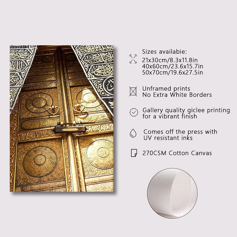 3pcs Islamic Kaaba Door Golden Calligraphy Allahu Akbar Poster Wall Art Canvas Painting Print Picture Living Room Bedroom Decor