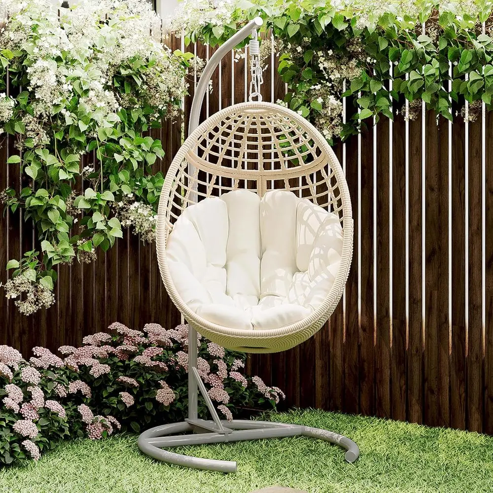 

Beige Rattan Egg Swing Chair with Stand and Soft Cushion, Up to 330lbs Capacity for Indoor/Outdoor Use