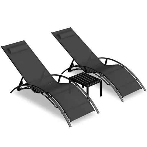 Aluminum Outdoor Chaise Lounge Set of 3,Patio Textilene Lounge Chairs w/Metal Table&Headrest,Sunbathing Recliner w/5