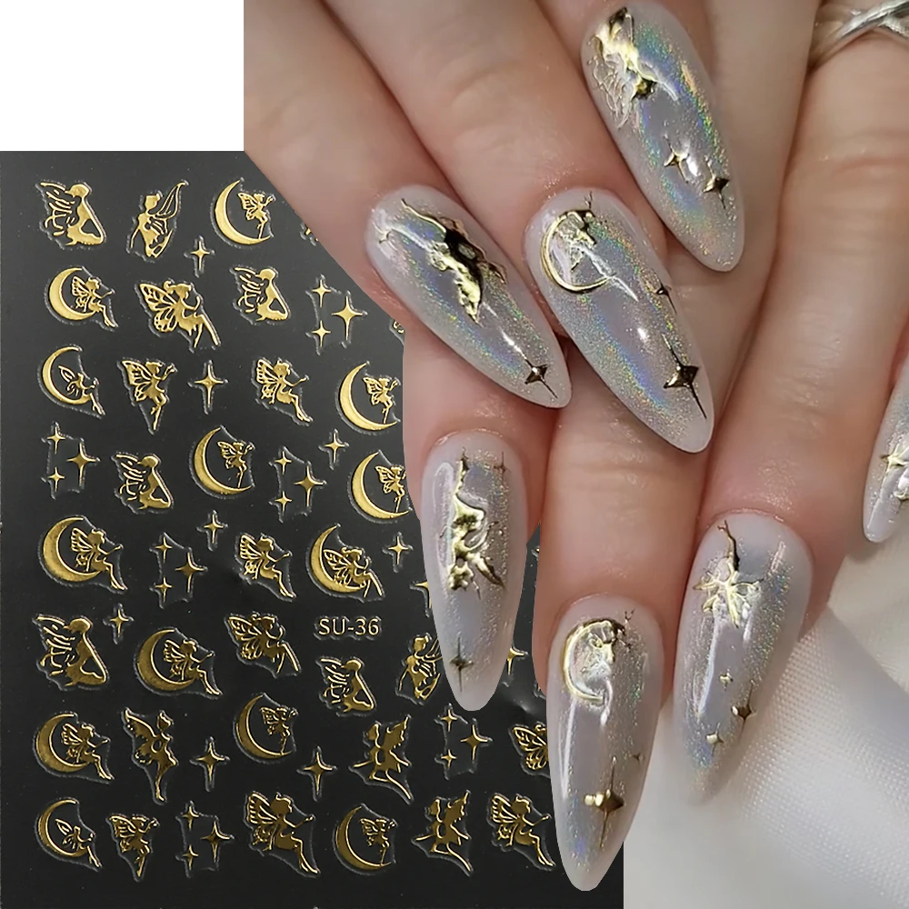 3D Gold Silver Nail Stickers Moon Cross Stars Angel Design Nail Decals Hologram Charms Wings Girl Manicure Decors Wraps GLSU-36