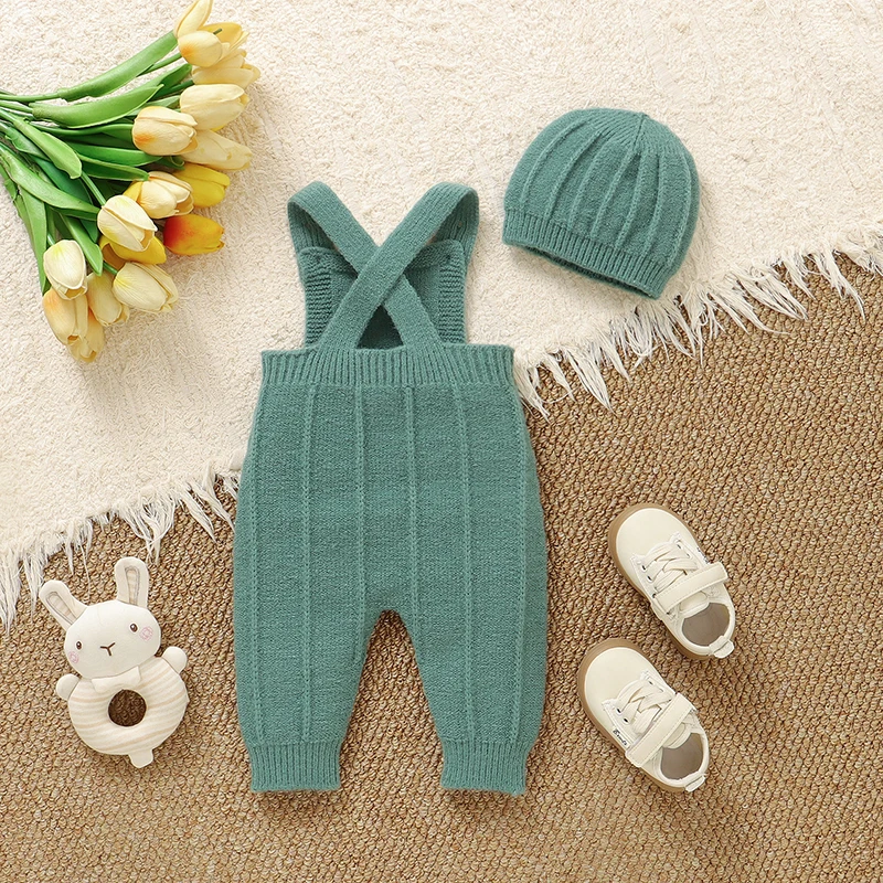Baby Rompers Clothes 0-18m Casual Sleeveless Knitted Newborn Boys Girls Strap Jumpsuits Hats Outfits Sets 2pcs Toddler Playsuits