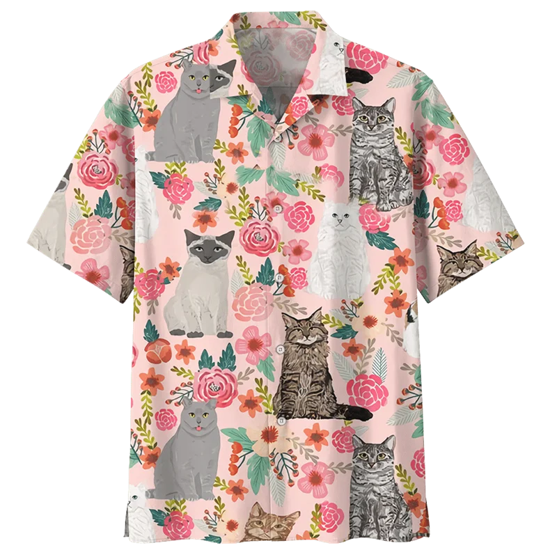 Summer Funny Animal Cat 3D Print Shirts Men Fashion Shirt Casual Y2k Vintage Streetwear Short Sleeve Shirt Blouse Man Clothing