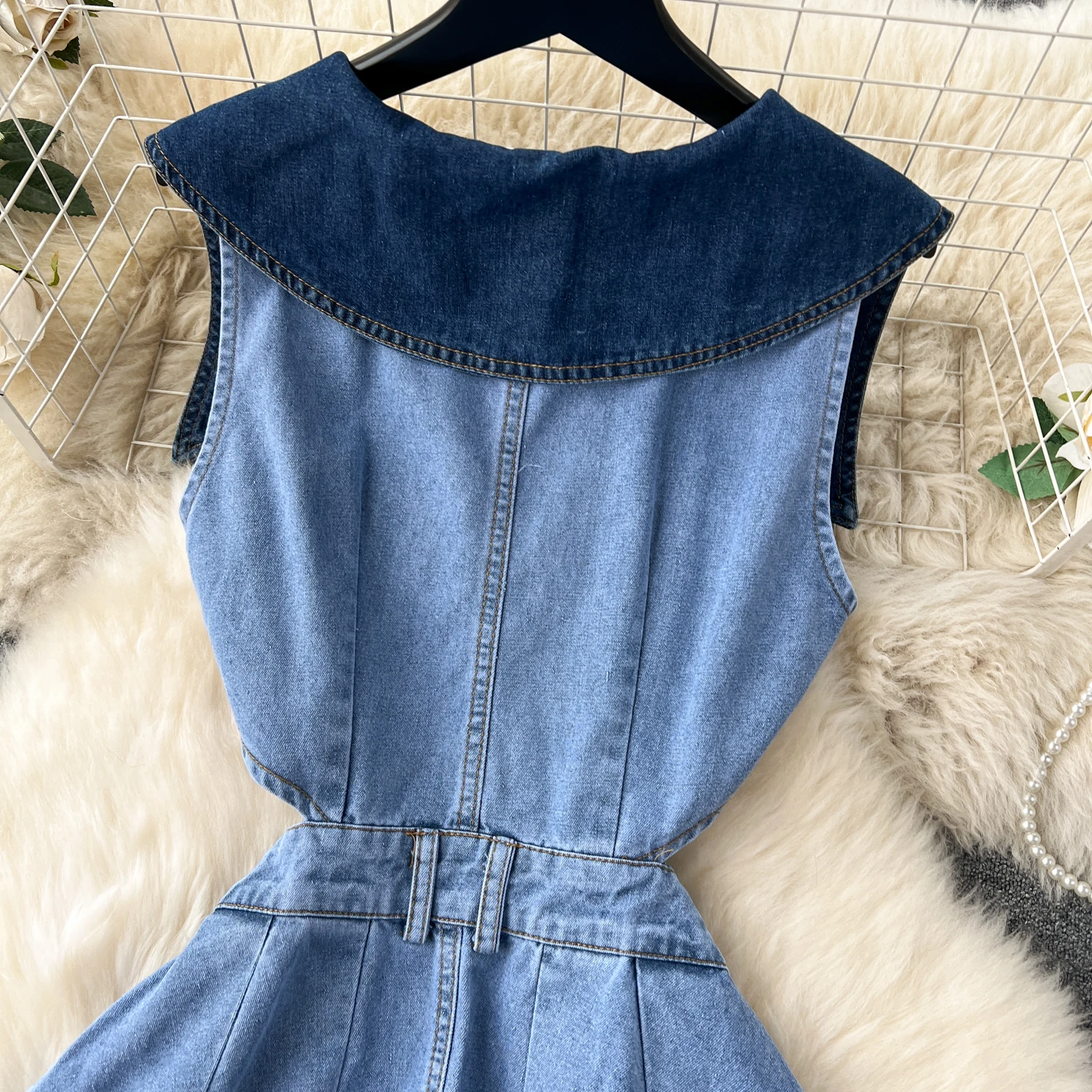 Designer DENIM ชุดผู้หญิงชุดยาวเดี่ยว Big Turn-Down COLLAR เอวกระชับสัดส่วนแยก A-Line Vestidos