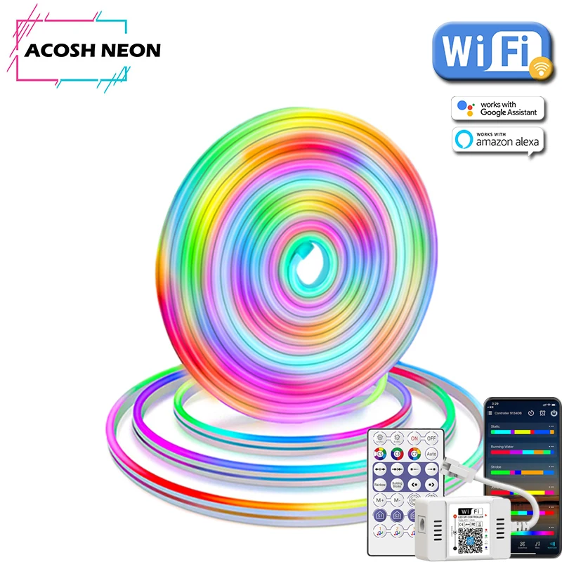 10M LED Neon Strip 12-24V DC RGBIC Neon Rope Light Waterproof Chasing Effect Multicolor Flexible Strip WiFi Bluetooth Remote