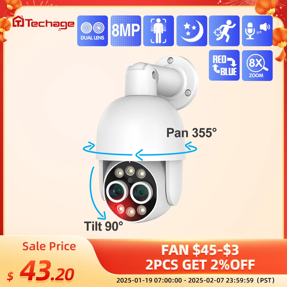 كاميرا Techage HD 8MP POE IP صوت خارجي بعدسة مزدوجة CCTV فيديو كاميرا أمان ذكية AI PTZ نظام مراقبة أمنية NVR