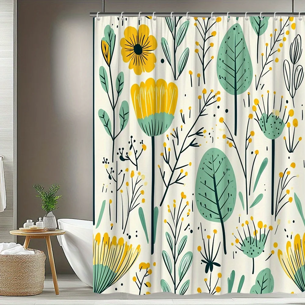 Floral Plant Pattern Shower Curtain Fresh And Natural Bathroom Decoration Polyester Fabric Contains