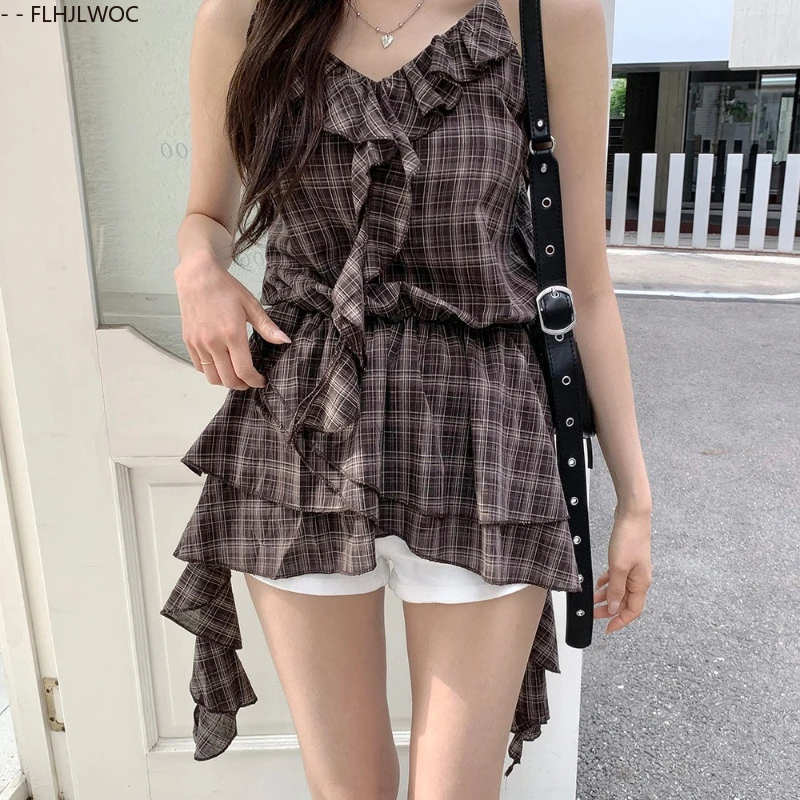 Irregular Sleeveless Peplum Tops Cute Sweet Japan Girls Retro Vintage Ruffles Plaid Shirts Slim Waist Chic Y2K Design Blouses