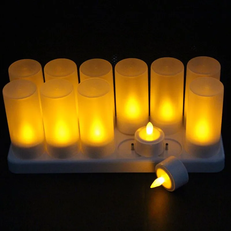 Set of 12 Rechargeable led candle Flameless Tea Light electric candle waxless lamp valentine birthday wedding church Decor-AMBER