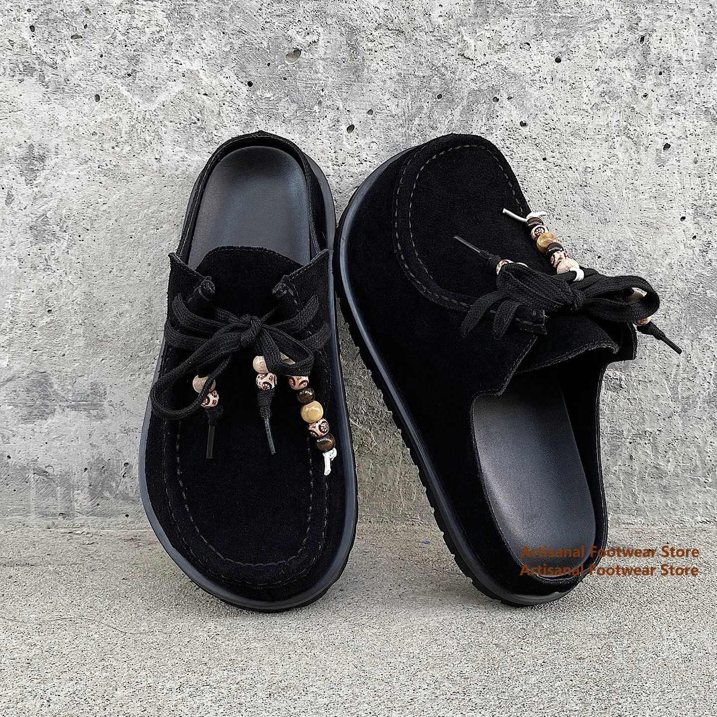 Black Suede Wooden Bead Lace Up Mules Slippers Vintage Thick Non-Slip Sole Casual Shoes Closed Toe Slip On Slippers Men's Shoes