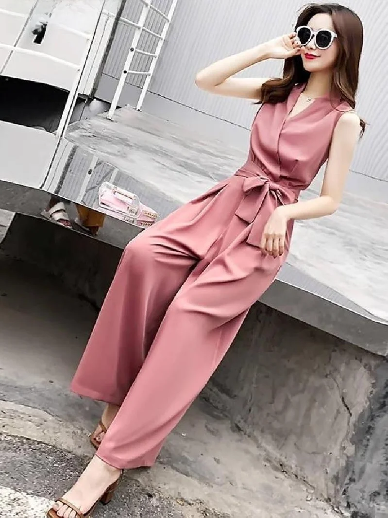 

Ele Silk One-Piece Summer Pants for Women Svel High Waist V-Ne Loose Slimming Faionable Wide Leg Jumpsuit