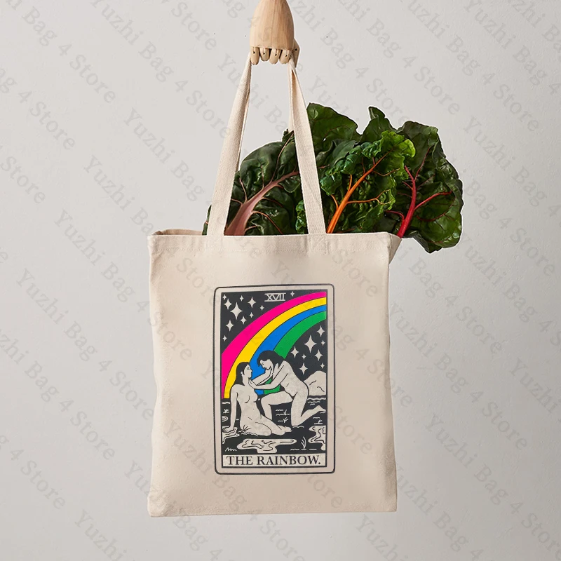 Lesbian Pride Tote Bag The Rainbow Beige Bags Rainbow Sapphic Tarot Card Bags Witchy WLW Tote Bags Queer Tarot Card Tote Bag