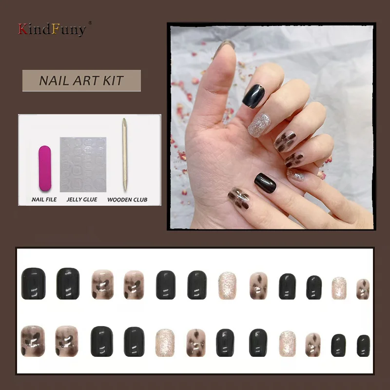 

24pcs/set Black Reusable Adhesive Fake Nails Beveled Pattern Wearing Art False Nails Finished Fashion Press on Nail