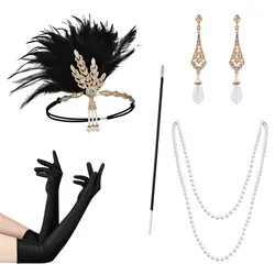 1920s Makeup Ball Accessories Gatsby Party Golden Droplet Earrings Feather Alloy Headband Necklace Long Smoke Rod Glove Set