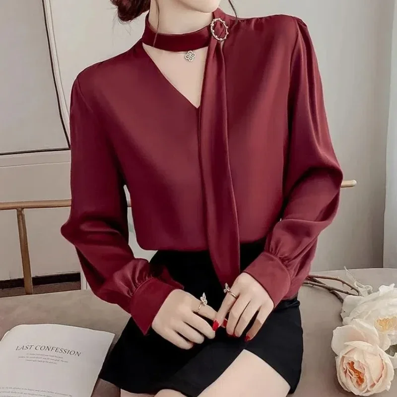 

Temperament Chiffon Loose Blouse Spring Autumn New V Neck Solid Long Sleeve Elegant Shirt Tops Vintage Fashion Women Clothing