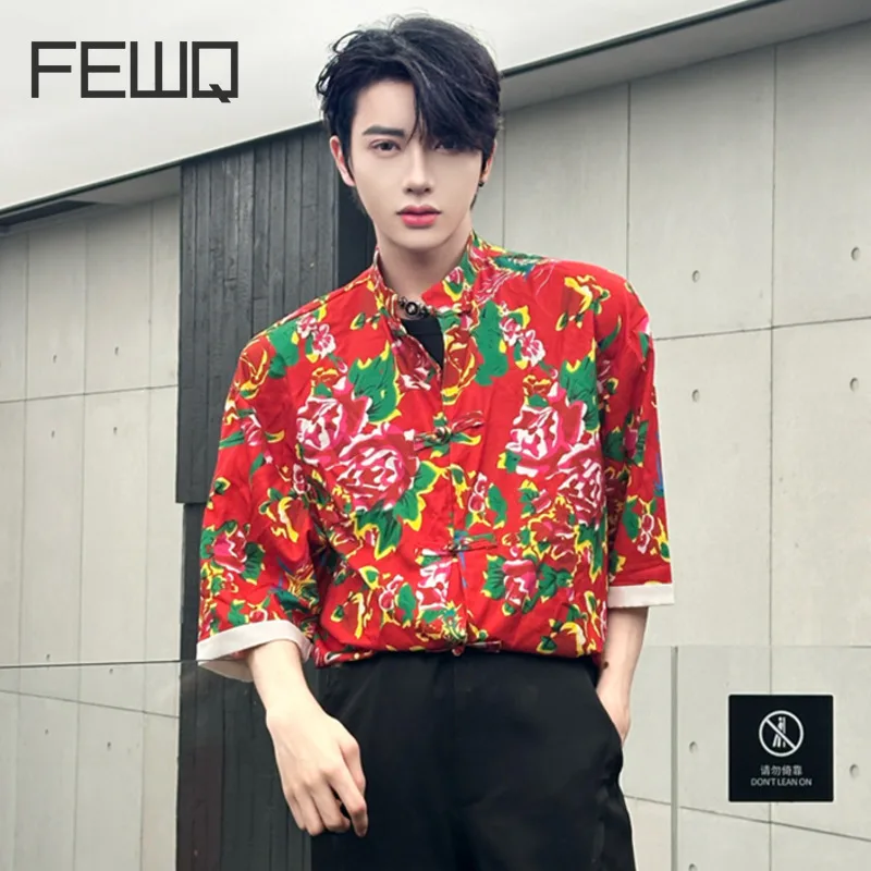 

FEWQ Shirts Men Casual Summer New Stylish Printing Single Breasted short Sleeve Chinese Style Menwear Fashion Tide 2024 24X9042