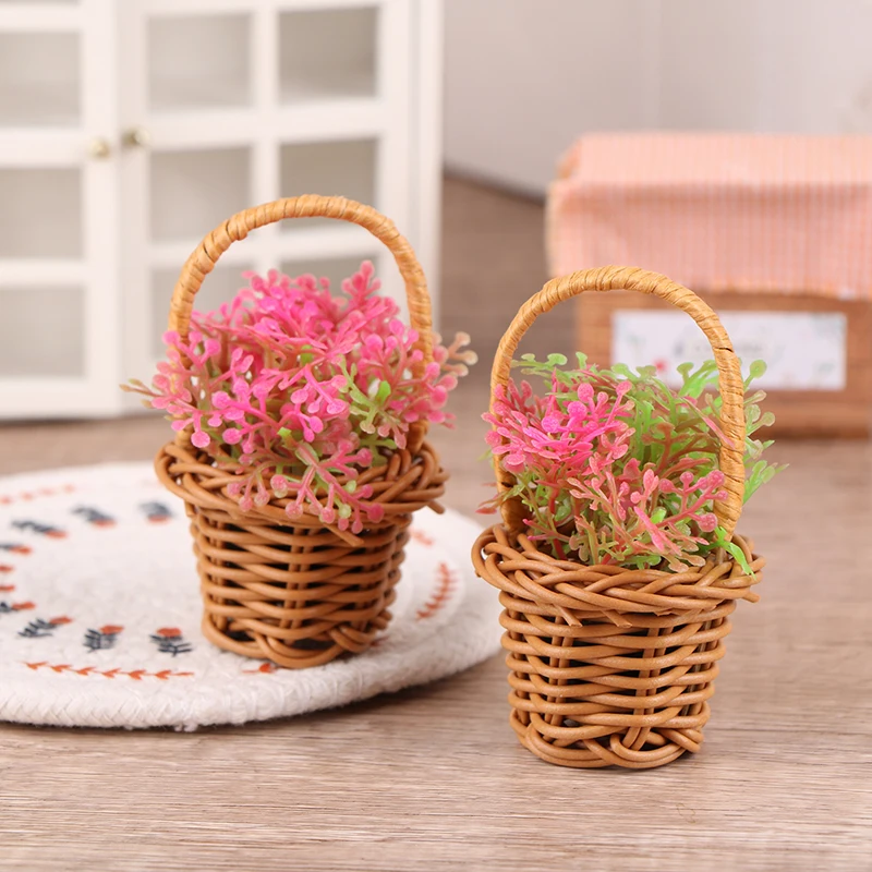 1Set 1:12 Dollhouse Miniature Woven Flower Basket Hand Basket Furniture Accessories For Doll House Decor Pretend Play Toys