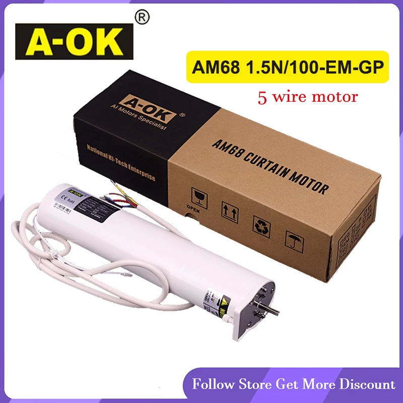 A-OK AM68 1.5N/100-EM-GP 5 Wire Curtain Motor,RF433 Remote+RS485+Dry Contact+Strong Power Wall Switch Control,100-240V 50/60HZ