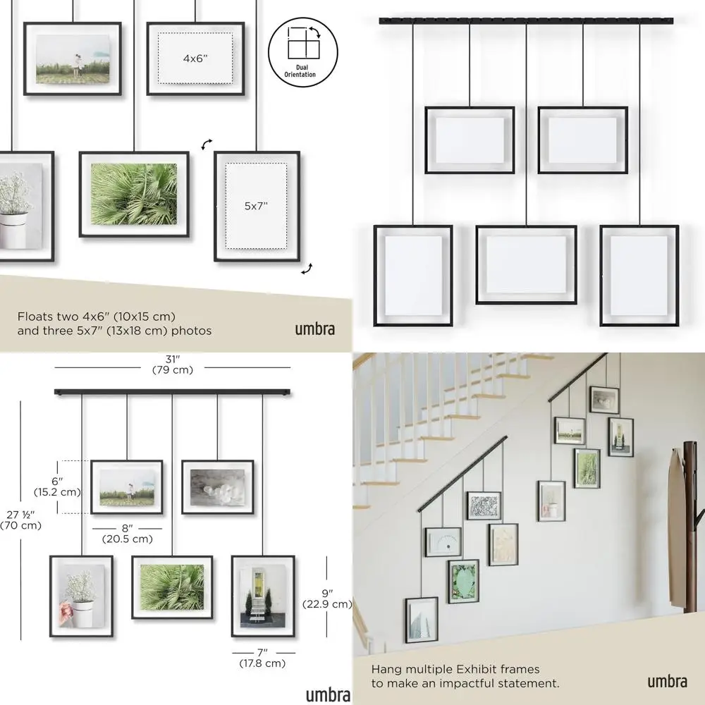 

Регулируемый черный настенный набор фоторамок для 5 фотографий: 2x 4x6 и 3x 5x7