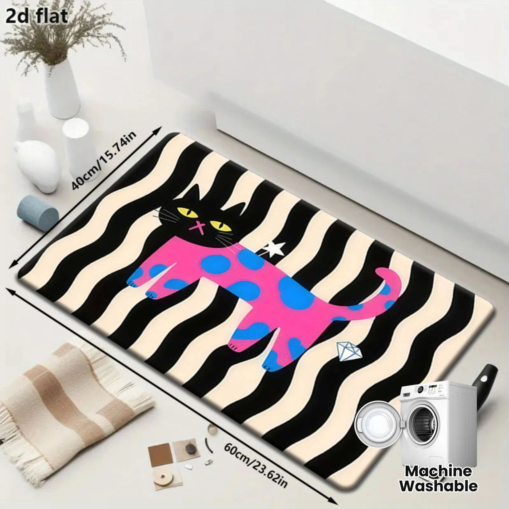 2D Flat Pink Cat Blue Spots Zebra Stripes Pop Art Flannel Door Mat Non Slip Funny Animal Rug For Entryway Bathroom Floor Decor