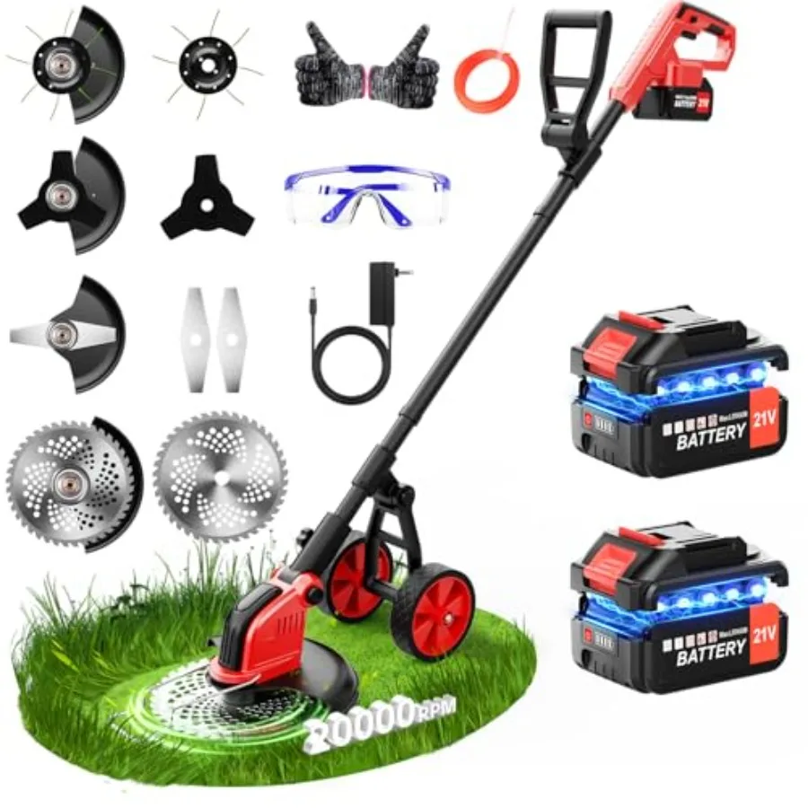 20000 RPM Electric Weed Wacker with Wheel, 12 Brushless Cordless Weed Eater Battery Powered, 4-in-1 Brush Cutter/String Trimmer