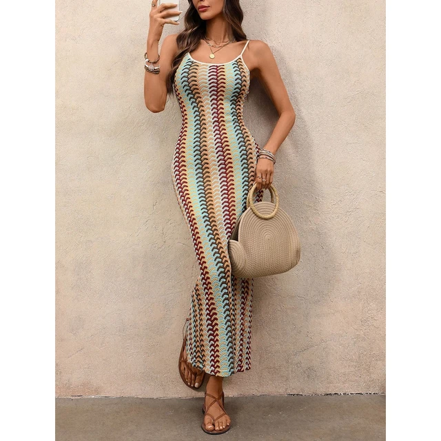 Vestido maxi de punto crochet a rayas coloridas estilo boho