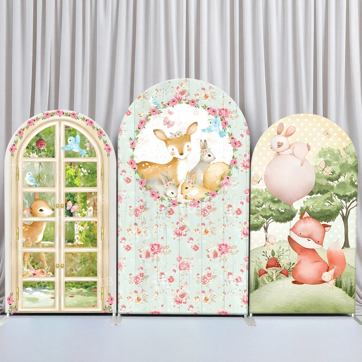 

TB Forest Animal Garden Arch Backdrop Cover Fox Deer Kids Birthday Party Decor Baby Shower Photograph Background Elastic Fabric