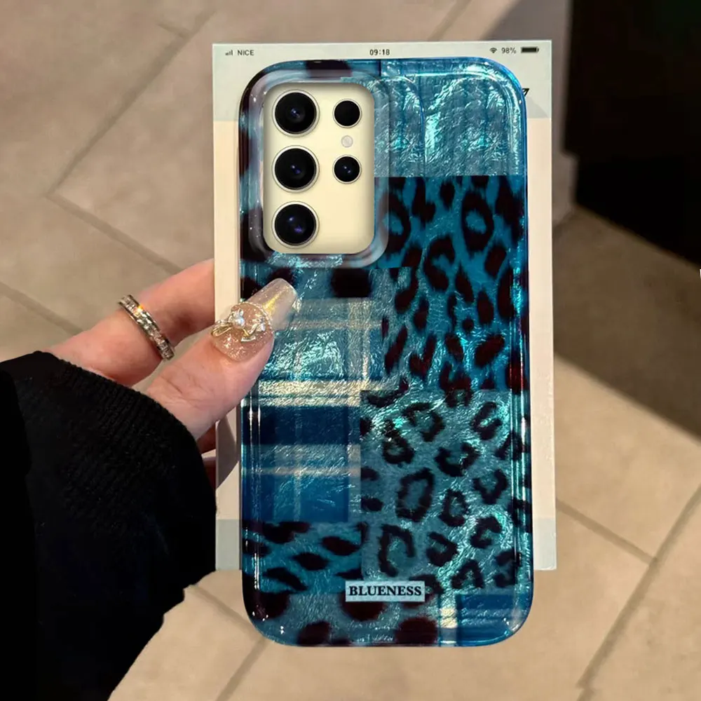 Retro Blaue Leopardenmuster-Vortex-Textur Handyhülle für Samsung Galaxy S24 S22 S23 S25 Edge S21 Plus S20 FE Ultra TPU Schutzhülle