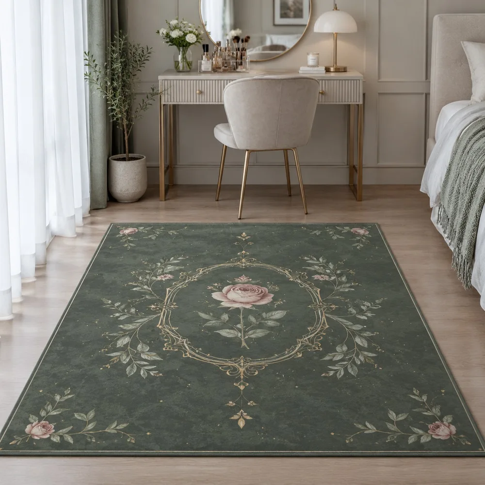 VIKAMA Carpet Rug Deep Sage Single Rose Botanical Sketch Luxury Stain Resistant Window Seat Coffee Table Living Room Home Decor