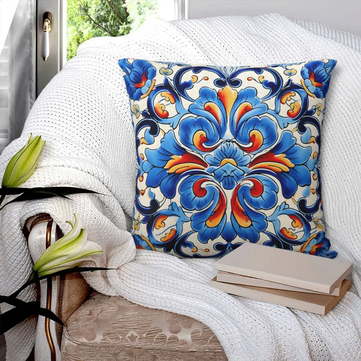 Decorative Spanish Ceramic Tile Print Square Pillowcase Pillow Cover Zip Decorative Comfort Throw Pillow for Home Living Room