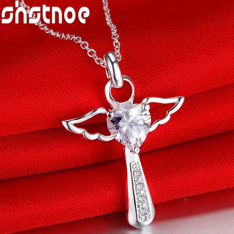 

45cm Luxury 925 Sterling Silver angel fine crystal cross pendants Necklace For Women fashion Wedding Jewelry Christmas gifts