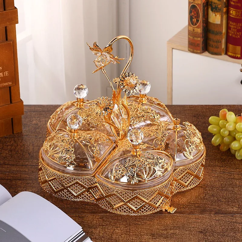 

European light luxury acrylic dried fruit box fashionable high-end fruit plate exquisite gold pattern five grid living room