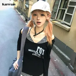 Karrram Japanese Y2k Fake Two-piece Tops Trashy 2000s Off Shoulder T-shirt Vintage Harajuku Long Sleeve T Shirts Grunge Gothic