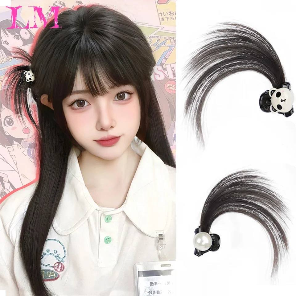 LM Synthetic Ahoge Claw Clip Panda Pearl Decor Broken Curtain Fringe Hair Extensions for Girls Cosplay Daily Styling