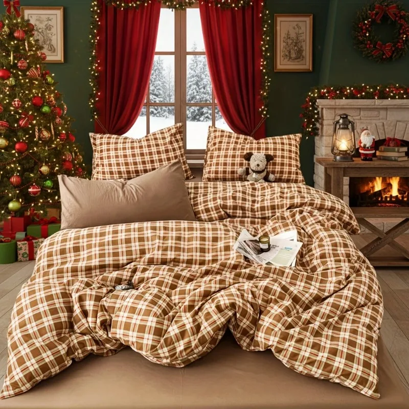 3/4pcs Simple Check Bedding Set Skin-friendly Quilt Cover Machine Washable Girls Boys Room Bedding Home Bedroom Guest Room